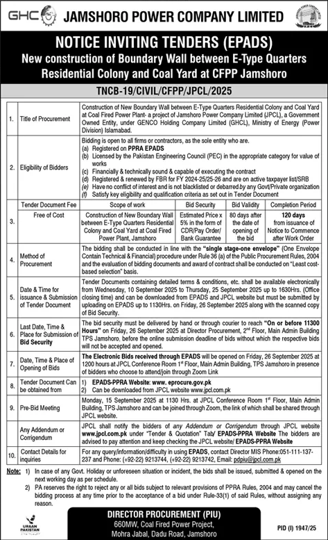 Jamshoro Power Company Limited Tender Notice